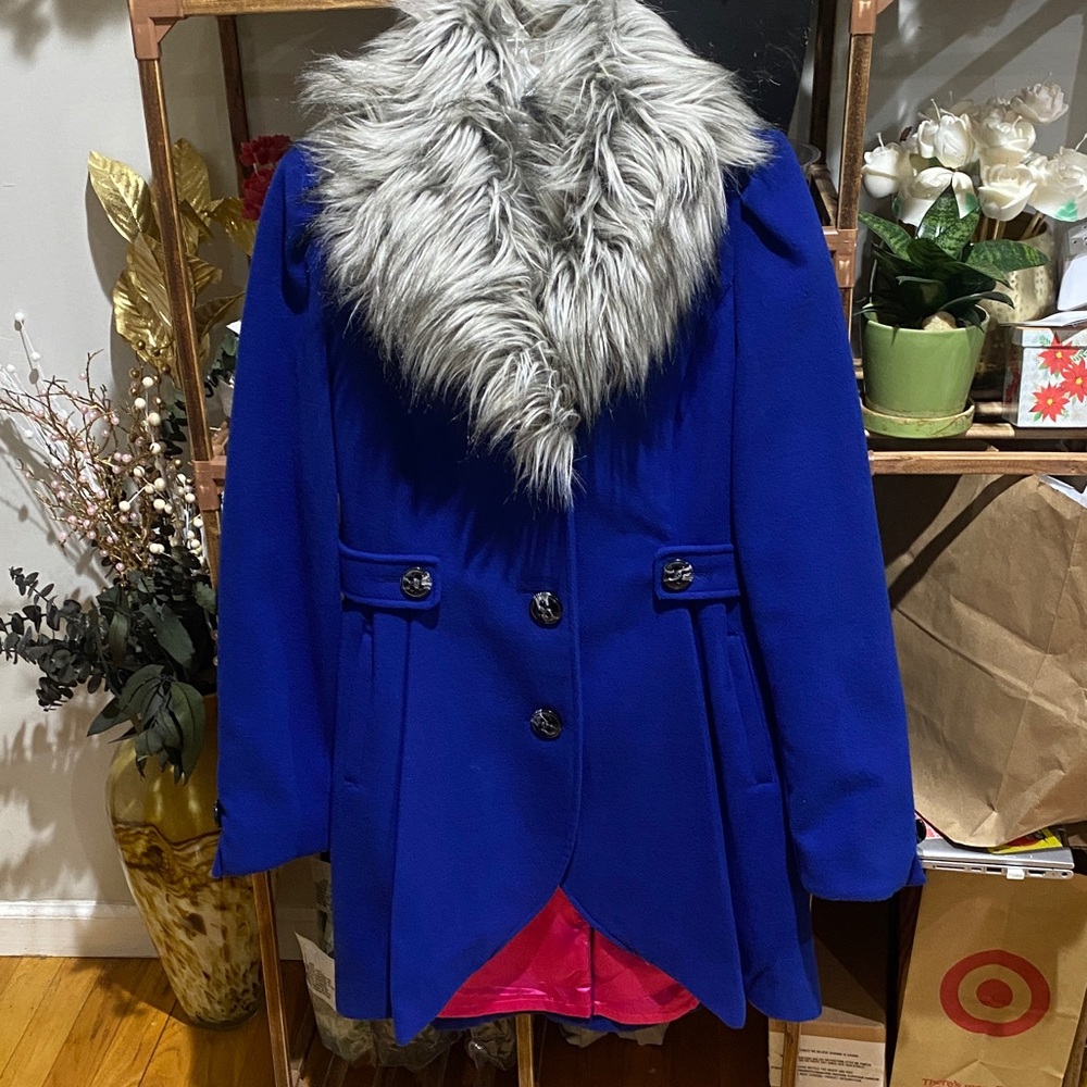 American Rag Royal Blue Cape with Faux Fur Collar